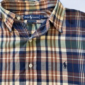 Ralph Lauren Plaid Long Sleeve Mens L Lightweight Cotton Blue Green Preppy
